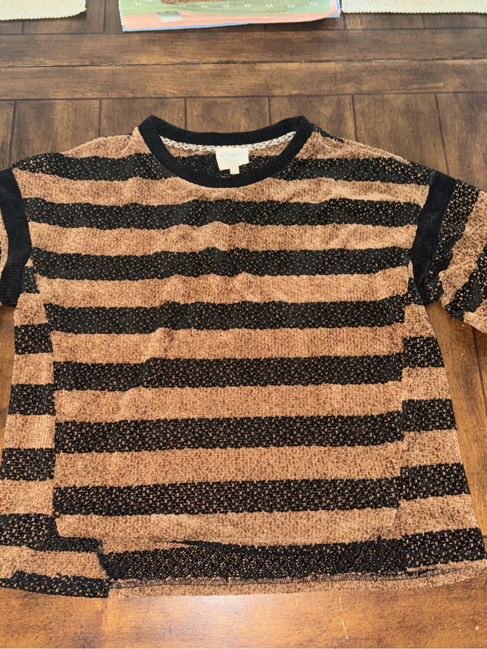 Umgee Black and Brown/Gold Striped Knit Top